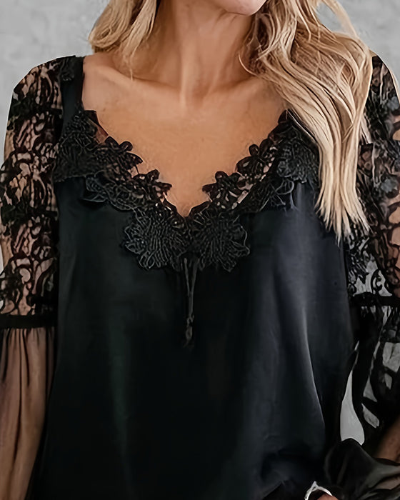 Bluse V-Ausschnitt Spitze Patchwork Mesh