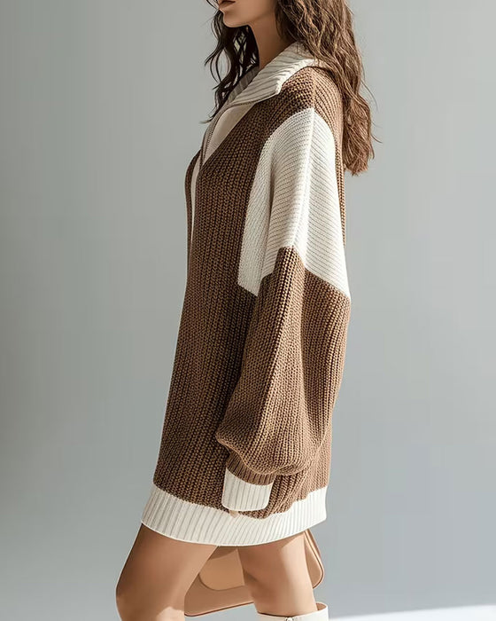 Strickkleid Revers Reißverschluss Kontrast