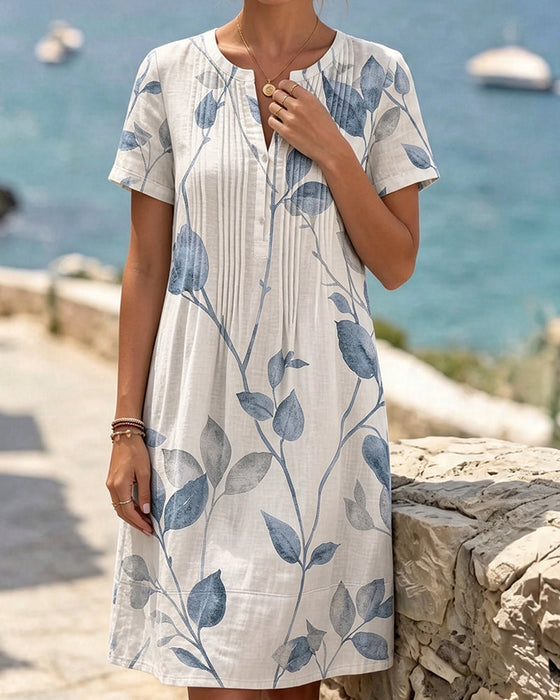 Kleid Gerafft Blatt Druck Kurzarm Mini