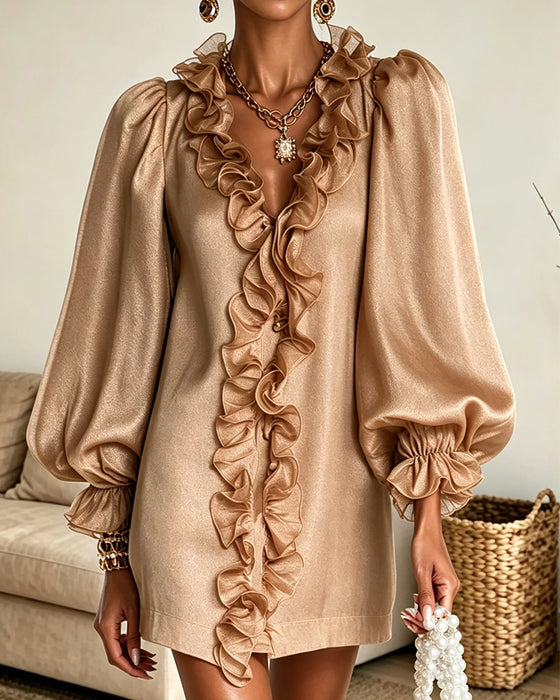 Kleid Puff-Ärmel Rüsche-Besatz V-Ausschnitt