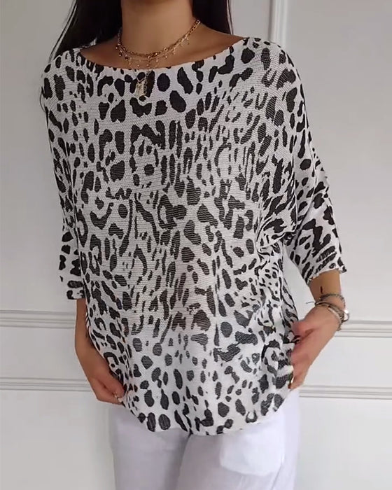 Pullover Dreiviertelärmel Leopardenmuster Locker
