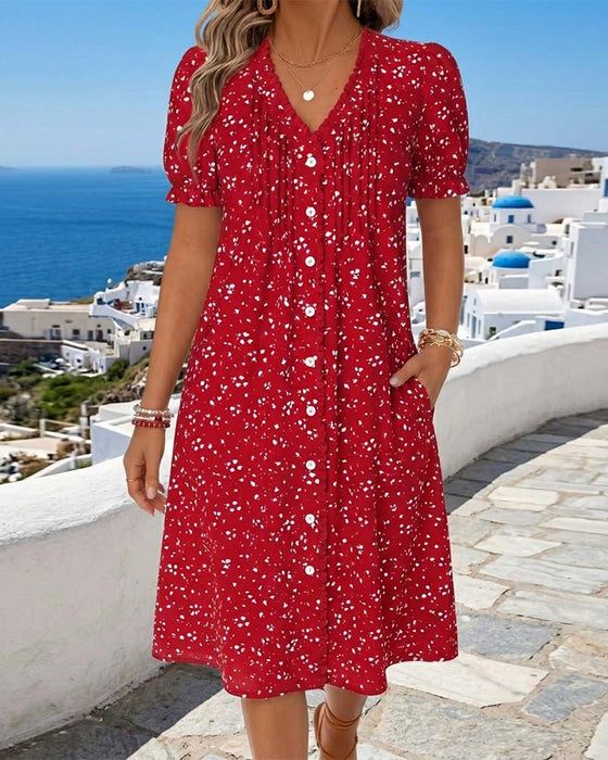Kleid Blumenmuster V-Ausschnitt Knopfleiste vorne