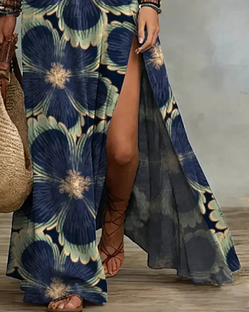 Kleid Blumenprint Neckholder Ärmellos Schlitz Lang