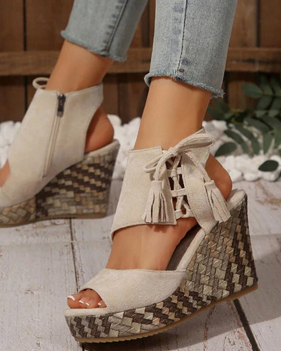 👡Damen-Sandalen mit offener Zehenpartie und Plateau-Keilabsatz und Quaste