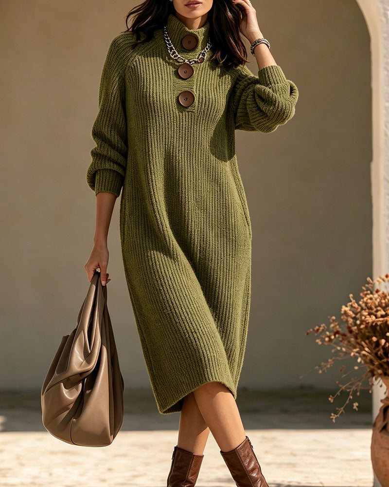Kleid Rollkragen Knopf Tasche