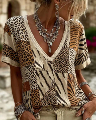 T-Shirt Tierprint Patchwork V-Ausschnitt Kurzarm