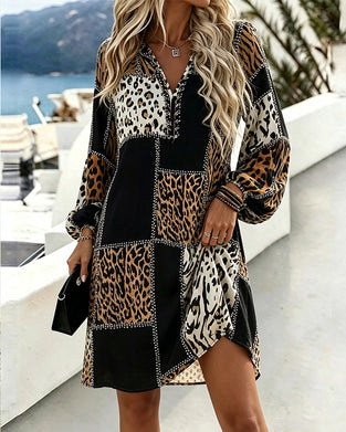 Kleid V-Ausschnitt Leopard Druck Puff Ärmel Kontrast