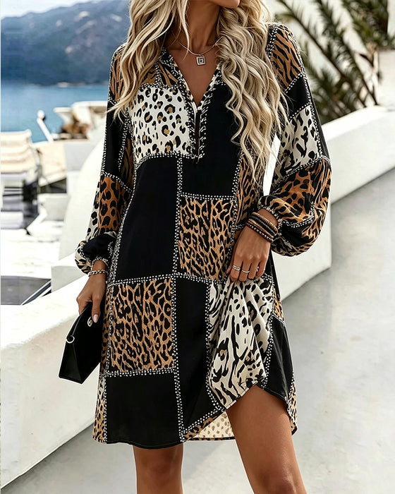 Kleid V-Ausschnitt Leopard Druck Puff Ärmel Kontrast
