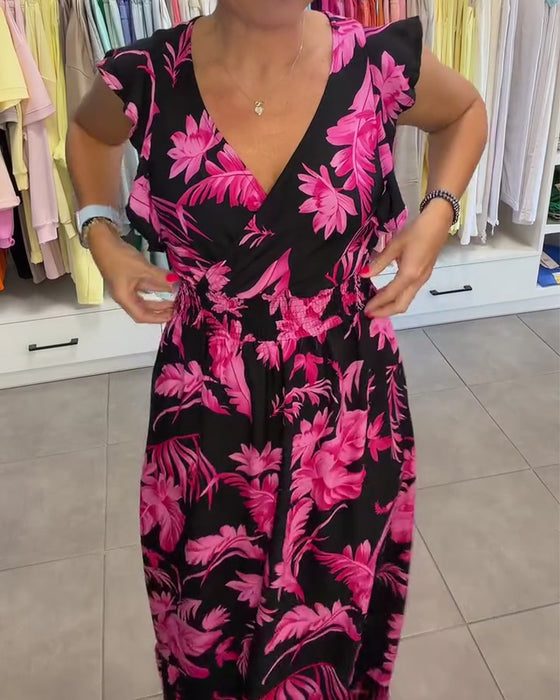 Kleid Tropisch Blumig V-Ausschnitt Figurbetonte Taille Lang