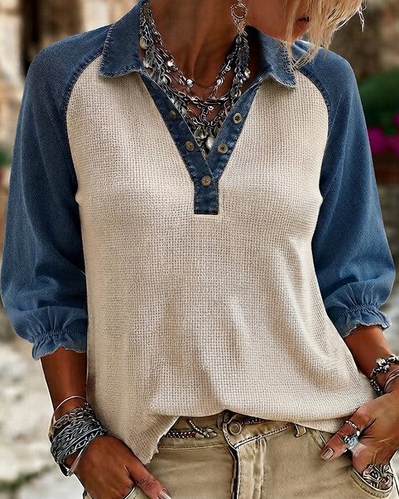 Bluse V-Ausschnitt Waffel Textur Kontrast Denim