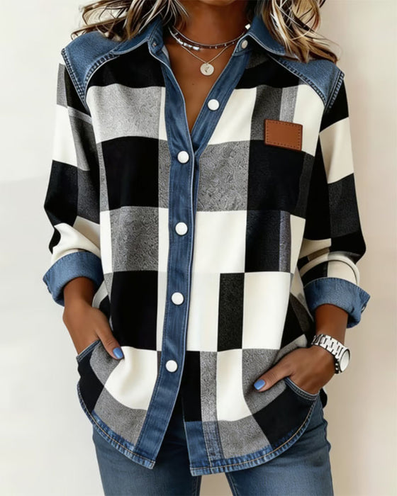 Hemd Karo Farbblock Denim Patchwork