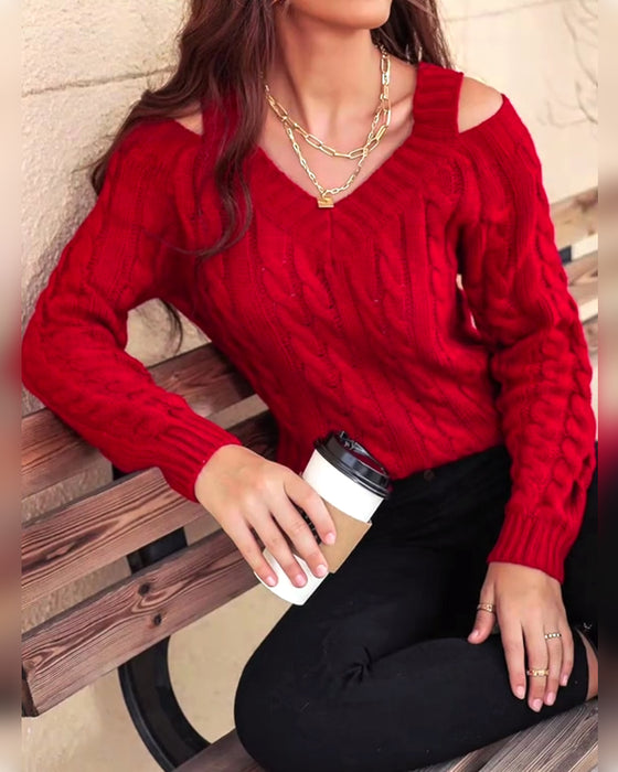 Pullover, einfarbig, V-Ausschnitt, Zopfmuster