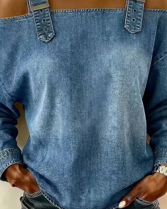 Bluse Spaghettiträger Off-Shoulder Denim Metall Knopf
