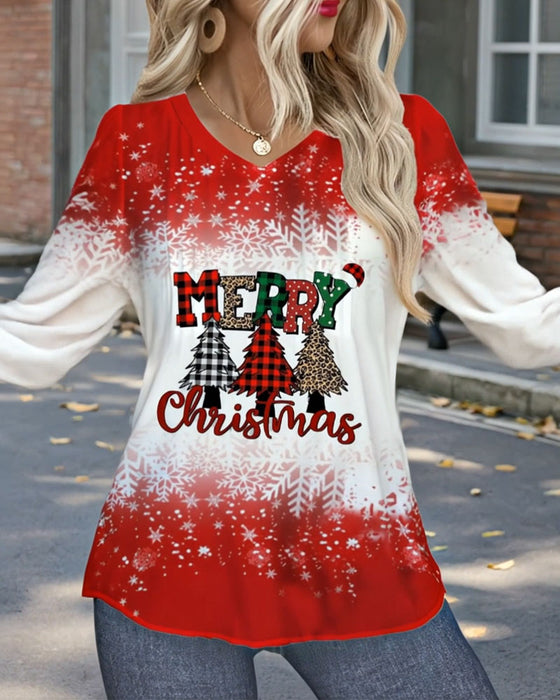 Top V-Ausschnitt Weihnachtsbaum-Print langärmlig