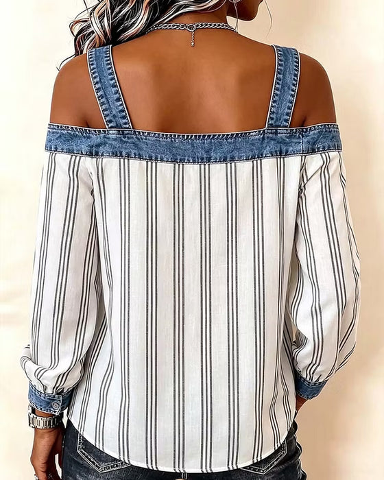 Bluse Denim Off-Shoulder Streifen Panel