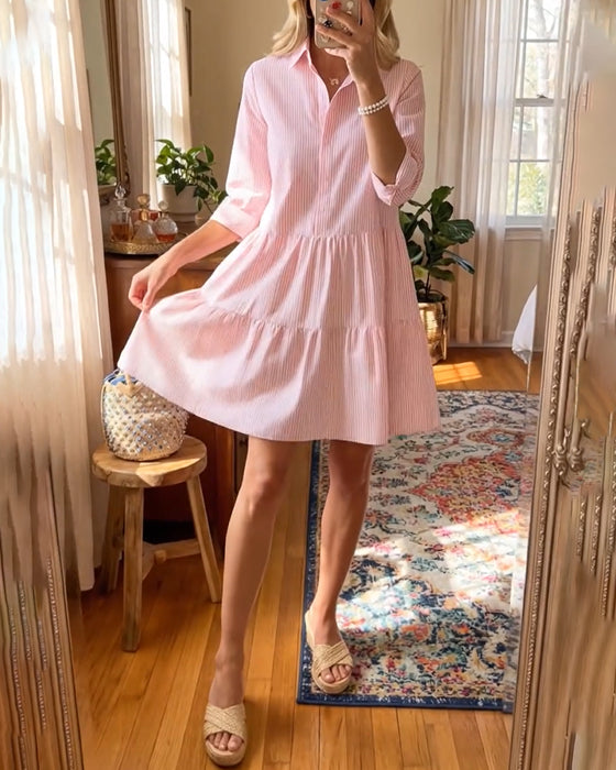 Kleid Hemdkragen Gestreift Patchwork