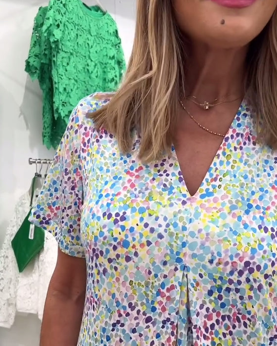 Kleid V-Ausschnitt Kurzärmelig Blumen