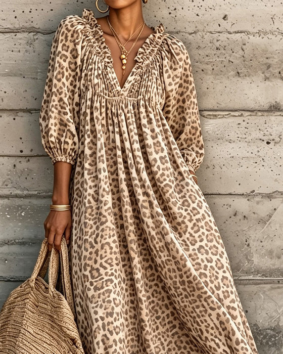 Kleid Leopard Druck V-Ausschnitt Puff Ärmel