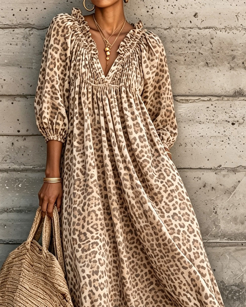 Kleid Leopard Druck V-Ausschnitt Puff Ärmel