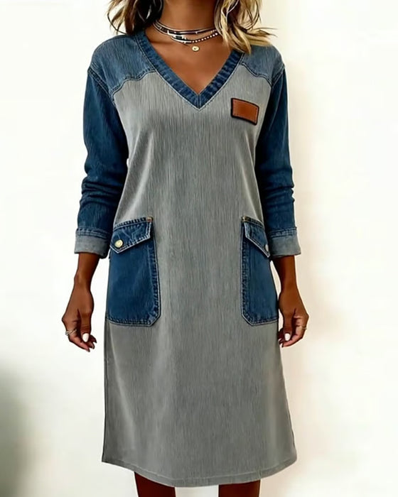Kleid Mit V-Ausschnitt, Modischem Aussehen Und Farbblock-Design