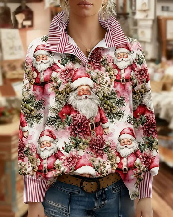 Bluse Umlegekragen Gestreift Rüsche Weihnachtsstil