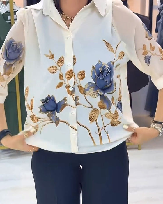 Bluse Revers Puffärmel Knopfleiste