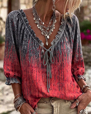 Bluse Gradient Tie-Dye Kordelzug Dreiviertel Ärmel