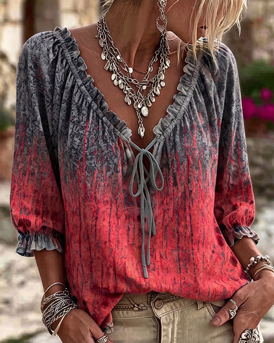 Bluse Gradient Tie-Dye Kordelzug Dreiviertel Ärmel