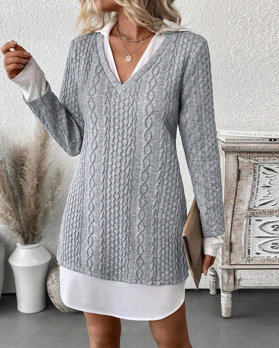 Kleid Hemdkragen Fake Zweiteilig Gestrickt