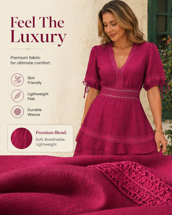 Kleid V-Ausschnitt Gestuft Einfarbig Spitze Patchwork