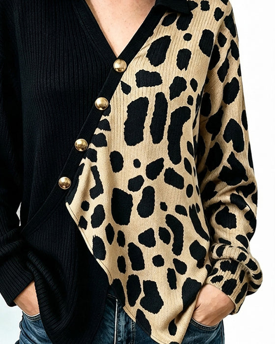 Pullover Leopard Patchwork Asymmetrische Knopfleiste Farbblock