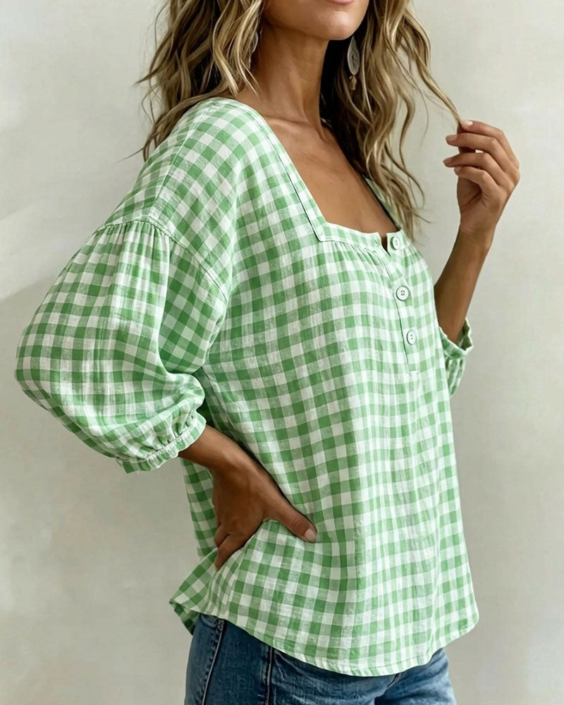 Bluse Quadratischer Ausschnitt Knopfleiste Karo
