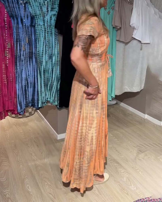 Kleid V-Ausschnitt Tie-Dye Kurzarm