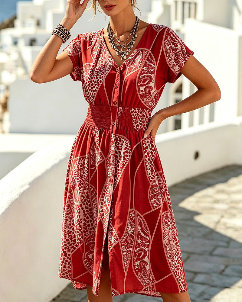Kleid Leopardenmuster V-Ausschnitt Knopf Taille