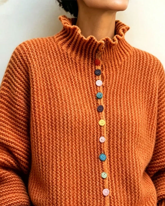 Pullover Farbe Knopf Rüsche Besatz Gestrickt