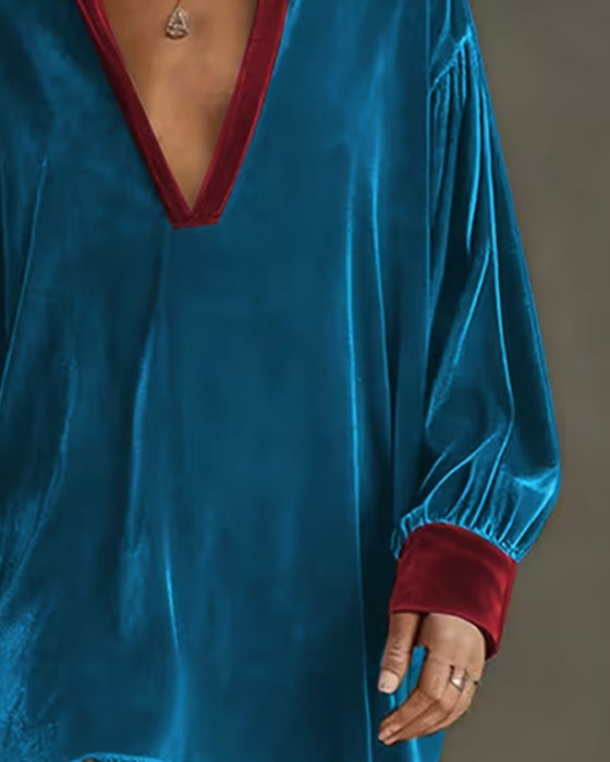 Kleid V-Ausschnitt Revers Kontrast Franse