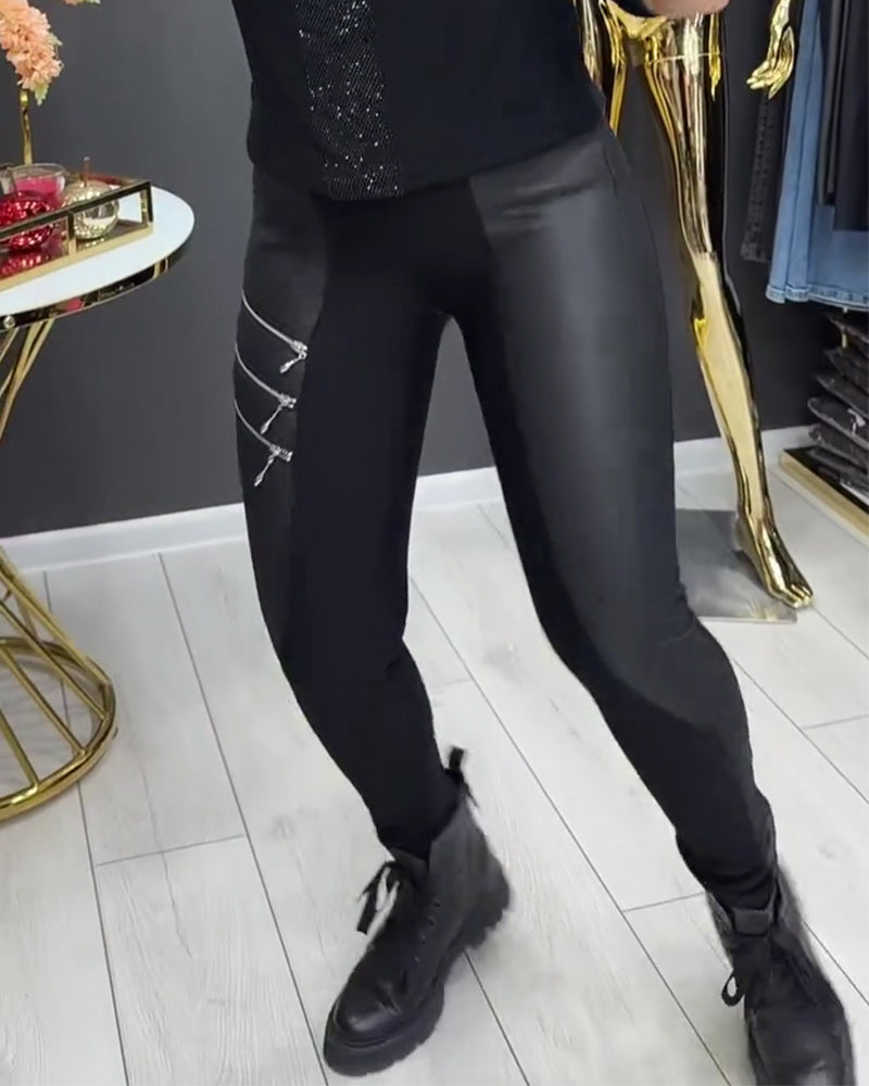Leggings PU Patchwork Reißverschluss Verziert