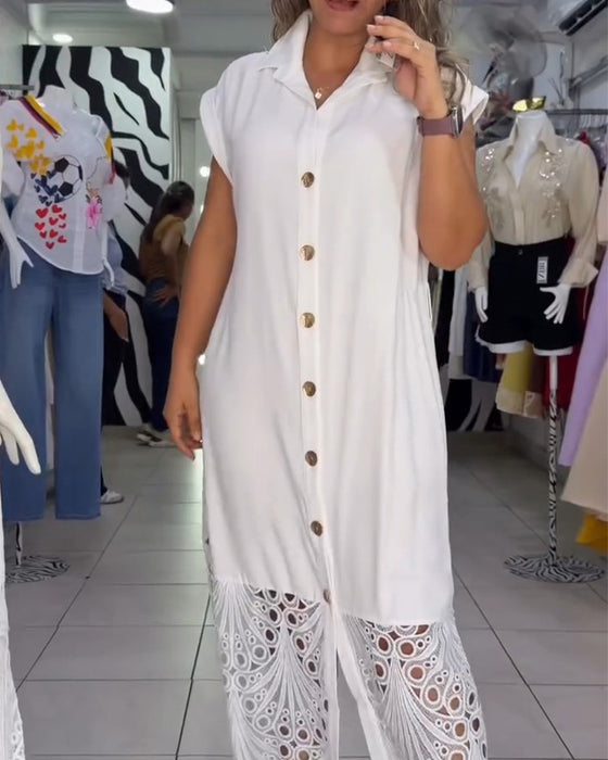 Kleid Ärmellos Hemd Spitzensaum Lang