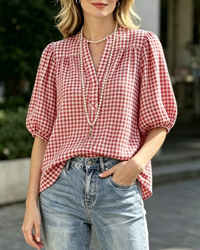 Bluse Karo Print Puffärmel Kurzarm