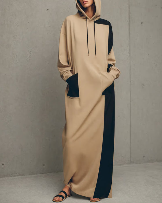 Kleid Kontrast Kapuze Tasche Kordelzug