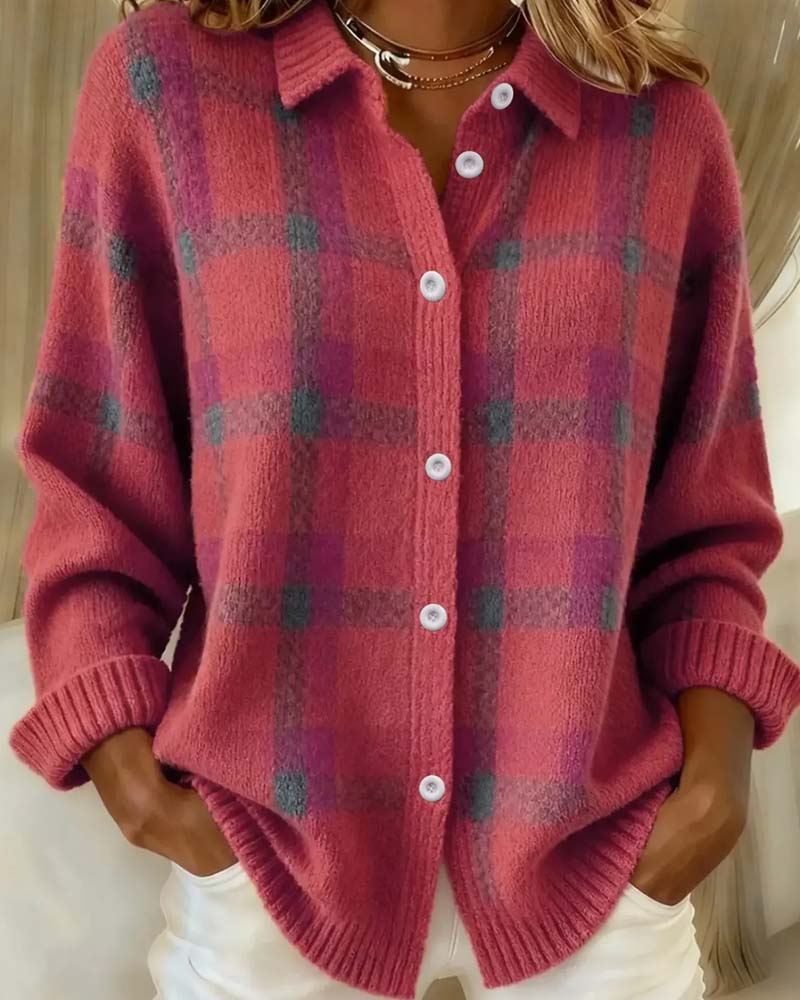 Strickjacke Karomuster Hemdkragen Geknöpft