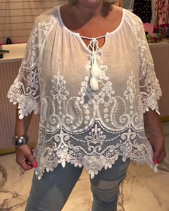 Bluse Schnürung Durchsichtig Spitze Patchwork