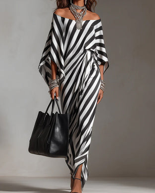 Kleid Off-Shoulder Fledermausärmel Streifen Lang