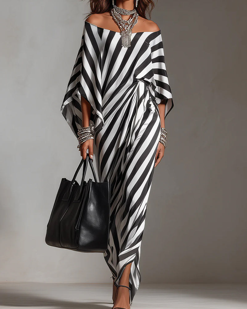 Kleid Off-Shoulder Fledermausärmel Streifen Lang