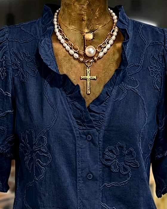Bluse Fransensaum Puffärmel