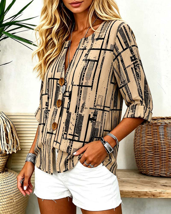 Bluse V-Ausschnitt Knopfleiste Gestreift