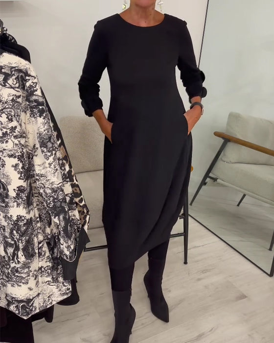 Kleid Rundhalsausschnitt Loose Fit Drapiert Lässig