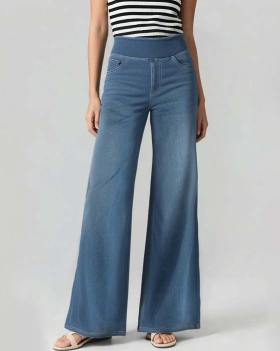 Hose Elastische Taille Denim Weites Bein