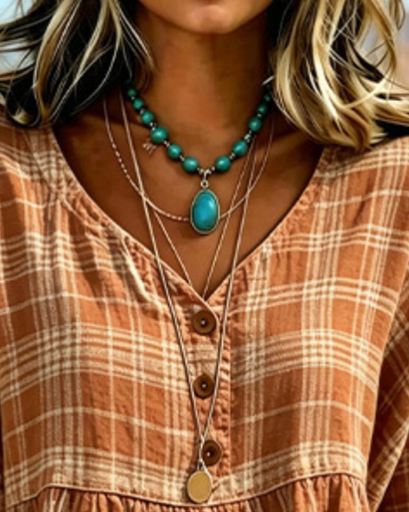 Bluse Vintage Karo V-Ausschnitt