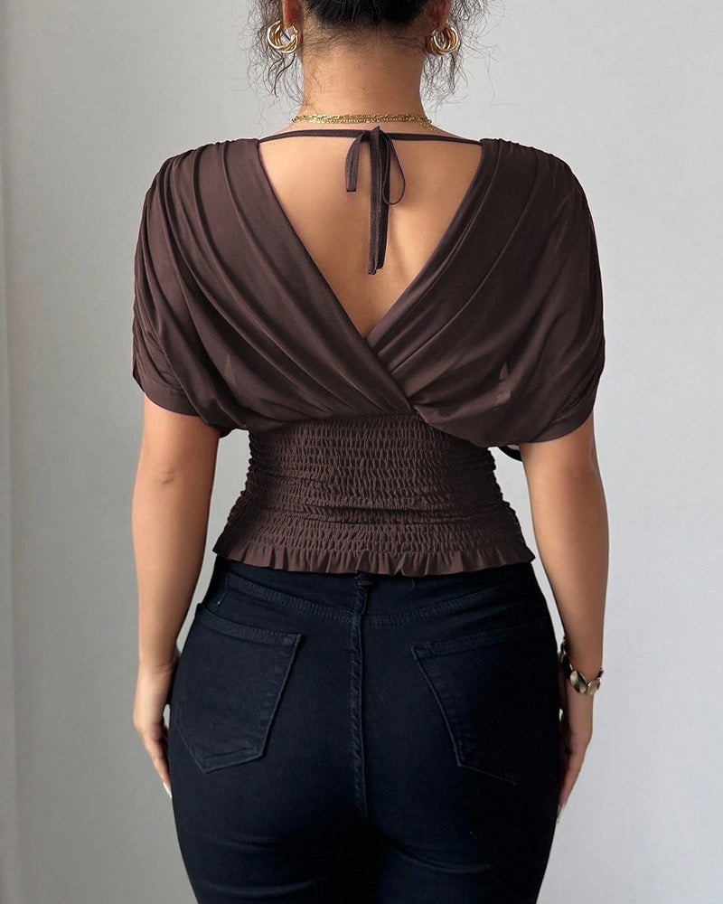 Bluse Uni Farbe Tiefer V-Ausschnitt Taille Kurzarm